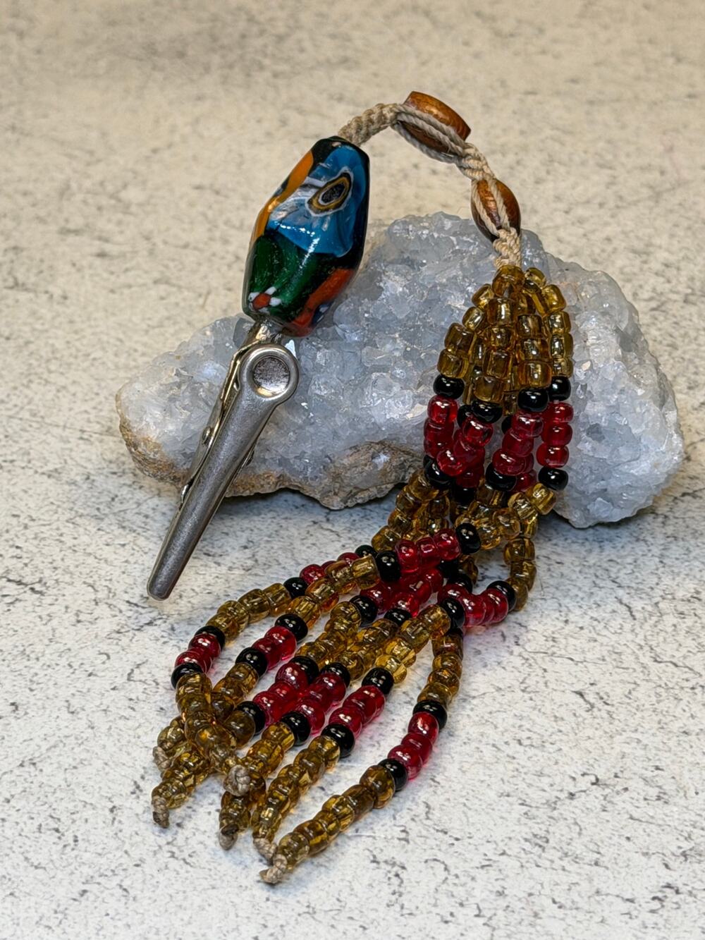 Vintage Boho glass and clay beaded alligator clip 80s hair roach Hong Kong